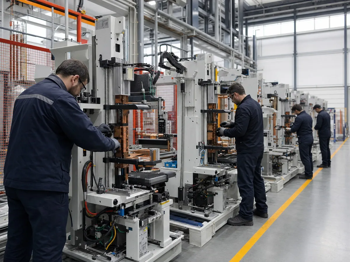 Technicians assembling automated resistance welding equipment