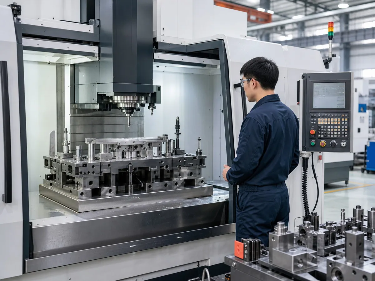 Technician operating precision CNC machining equipment