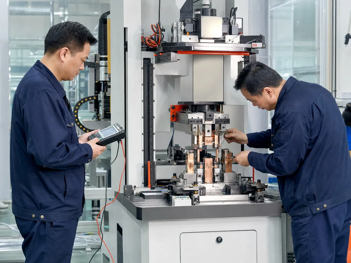 Engineers inspecting and testing automated welding equipment
