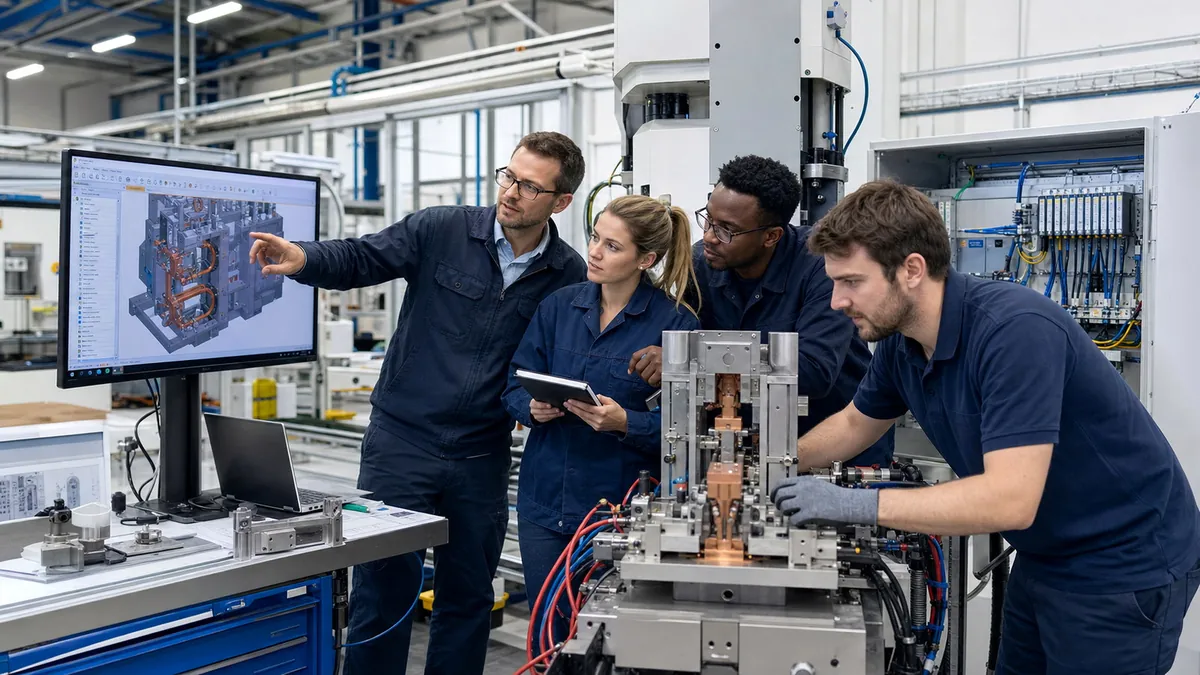 Mechanical electrical and automation engineers developing a welding solution