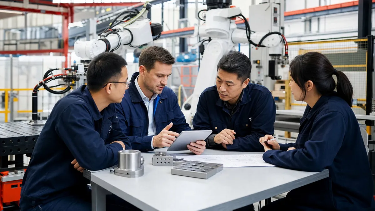 International sales engineers consulting on an automated welding project