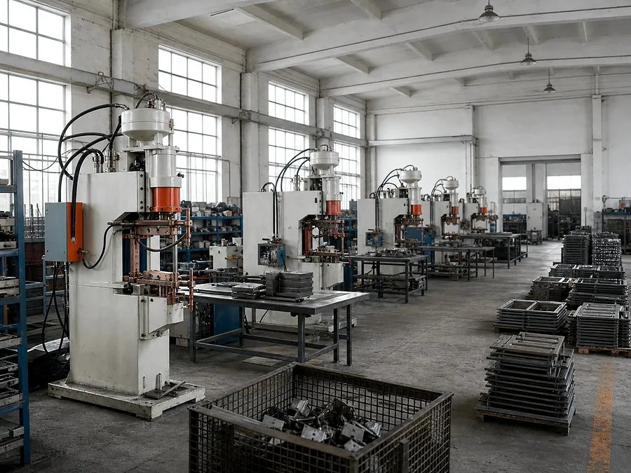 Early welding equipment factory workshop representing Xinzhou's 1999 establishment