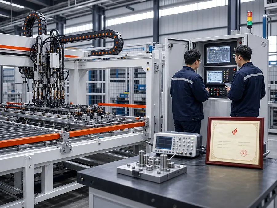 High-tech enterprise recognition scene with precision welding equipment inspection