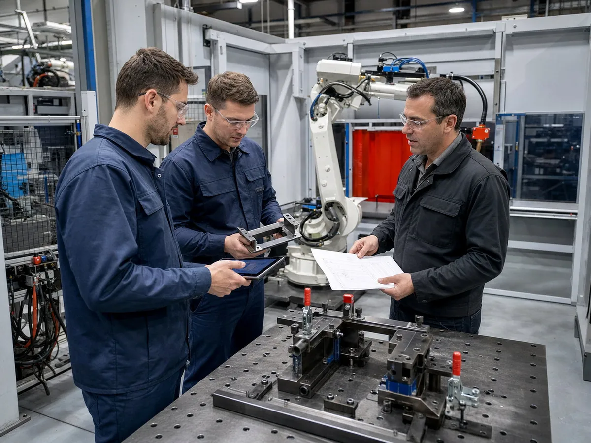Engineers reviewing a customized automated welding solution and fixture