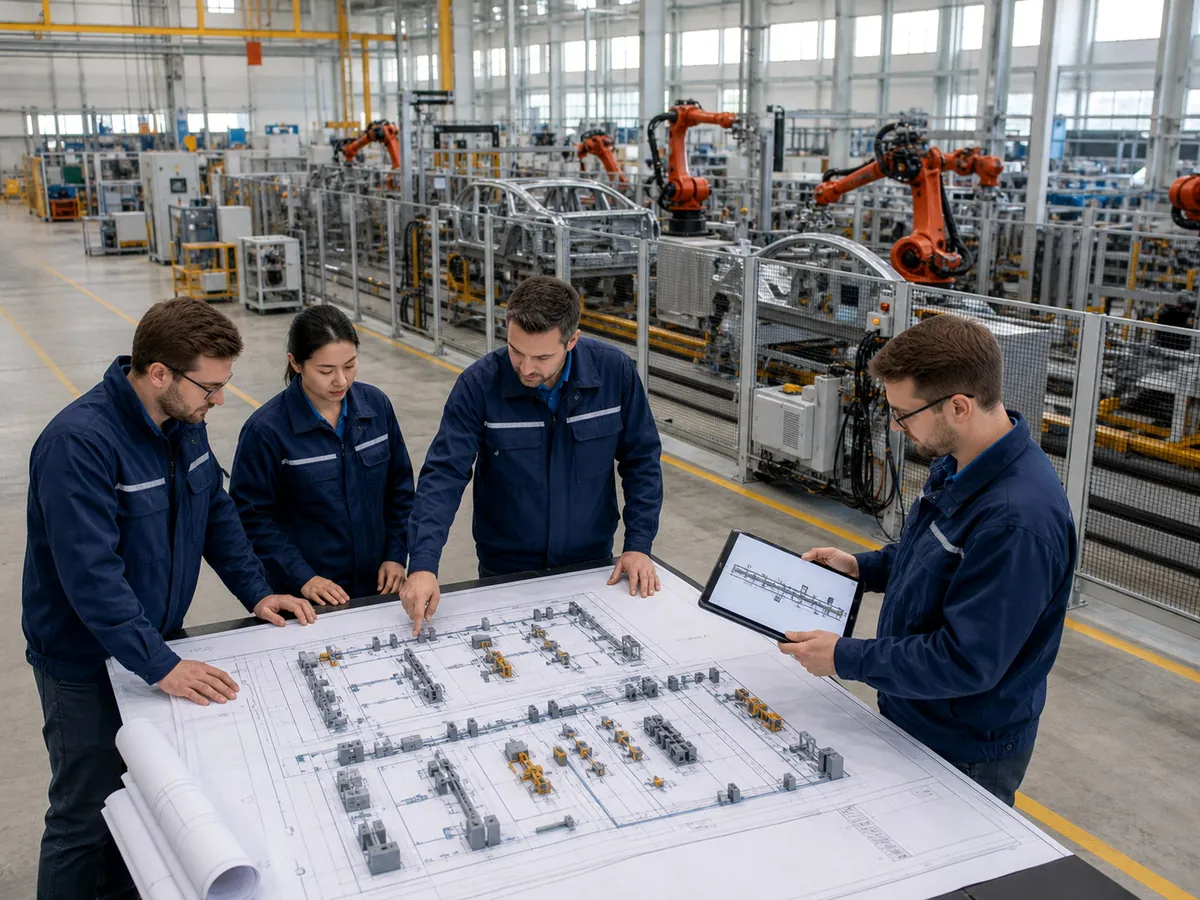 Engineers reviewing a complete factory production line layout